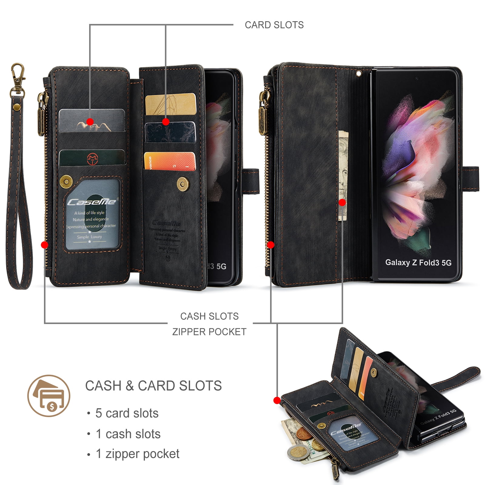 Dteck for Samsung Galaxy Z Fold3 Case, Heavy Duty PU Leather Card Wallet Case with Wrist Strap, Black