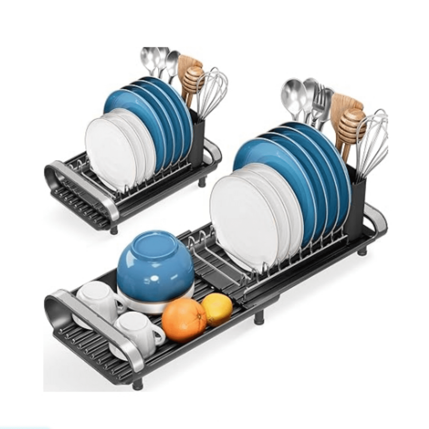 Expandable Dish Rack, Compact Dish Drainer, Stainless Steel Dish Drying Rack with Removable Cutlery Holder, Anti Rust Plate Rack, Small Sink Drainer for Sink or Kitchen Countertop