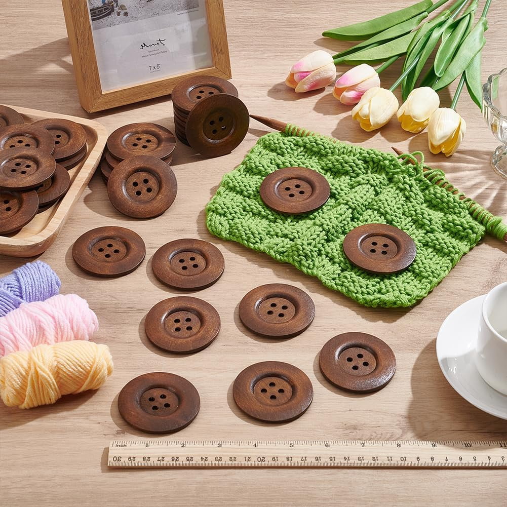 44Pcs Wood Buttons 4-Hole Flat Round Black 60x5mm Hole: 5mm