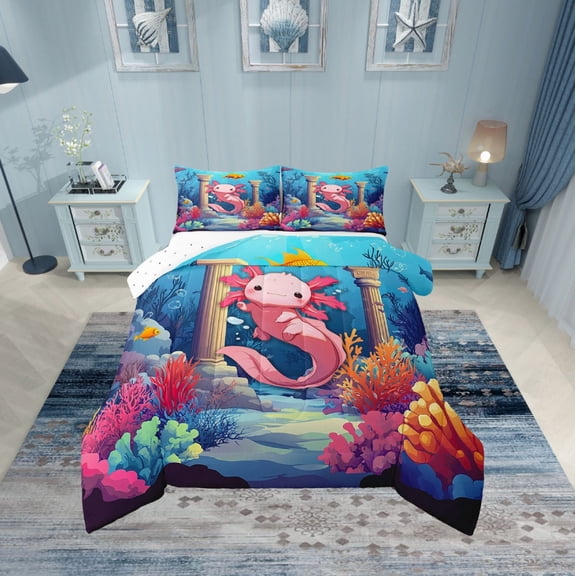 Erosebridal Animal Axolotl Bedding Twin Comforter Set,Cartoon Animal Down Comforter,Ocean Theme Decor,Reversible,Lightweight,2-Piece