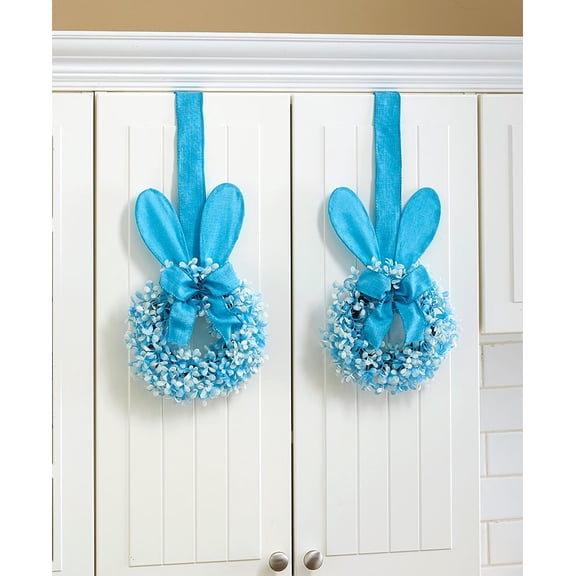Hanging Cabinet Door Wreath with Easter Rabbit Ears and Ribbon - Blue