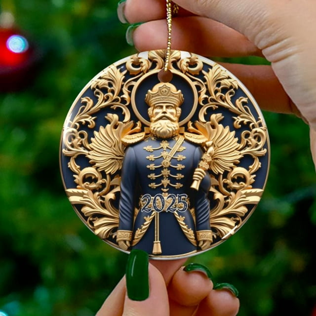 Nutracker Christmas Ornament, Dated Gold Blue Tree Ornament, Holiday Gift, Ceramic Round O - As Picture - 1-Pack
