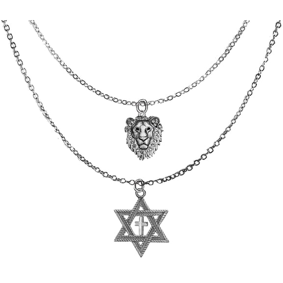 Messianic, Yeshua Silvertone Crystal Embedded With Austrian Crystal In The Lion Of Judah, Silver Star Of David With Silvertone Cross On A Adjustable Silvertone Double Cable Chain Necklace. ©2023