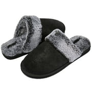 Needbo Men's Faux Fur Slippers Scuff Furry Memory Foam Slip On House Shoes Indoor Outdoor, Black Size 8-8.5