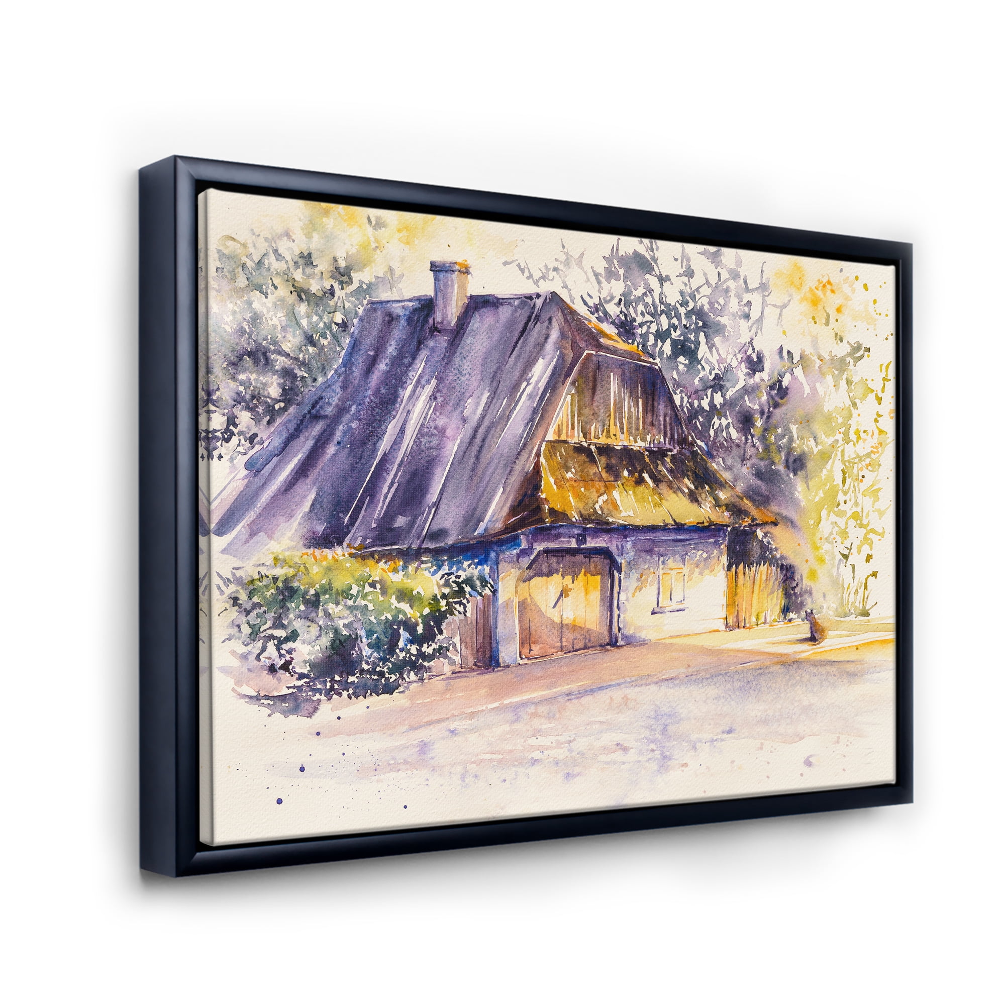 Designart 'Old Wooden White House In Country Side Village During Afternoon Glow' Traditional Framed Canvas Wall Art Print