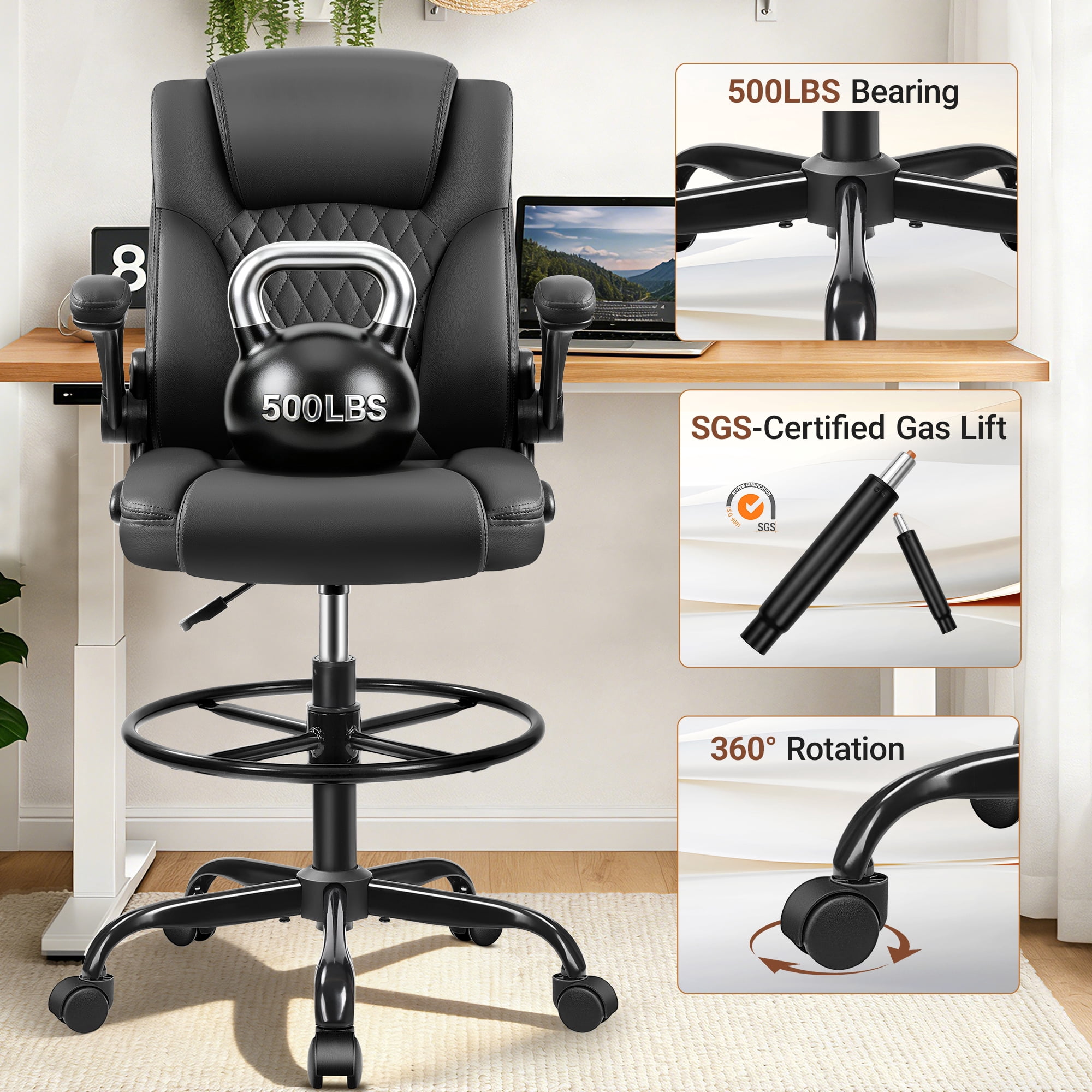 COOLHUT High Back Office Chair with Flip-Up Armrests, PU Leather Executive Ergonomic Computer Chair, Features Lumbar Support, Adjustable Foot Ring for Standing Desks, Home Offices, Black