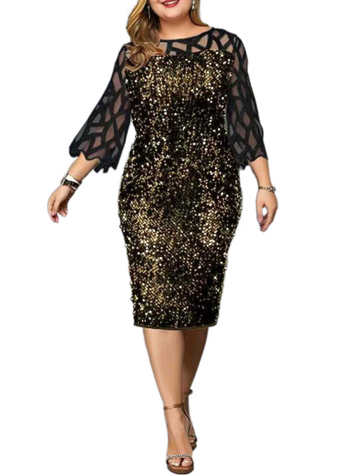 ZNU Plus Size Womens Sequin Midi Dress Ladies Evening Cocktail Formal ...