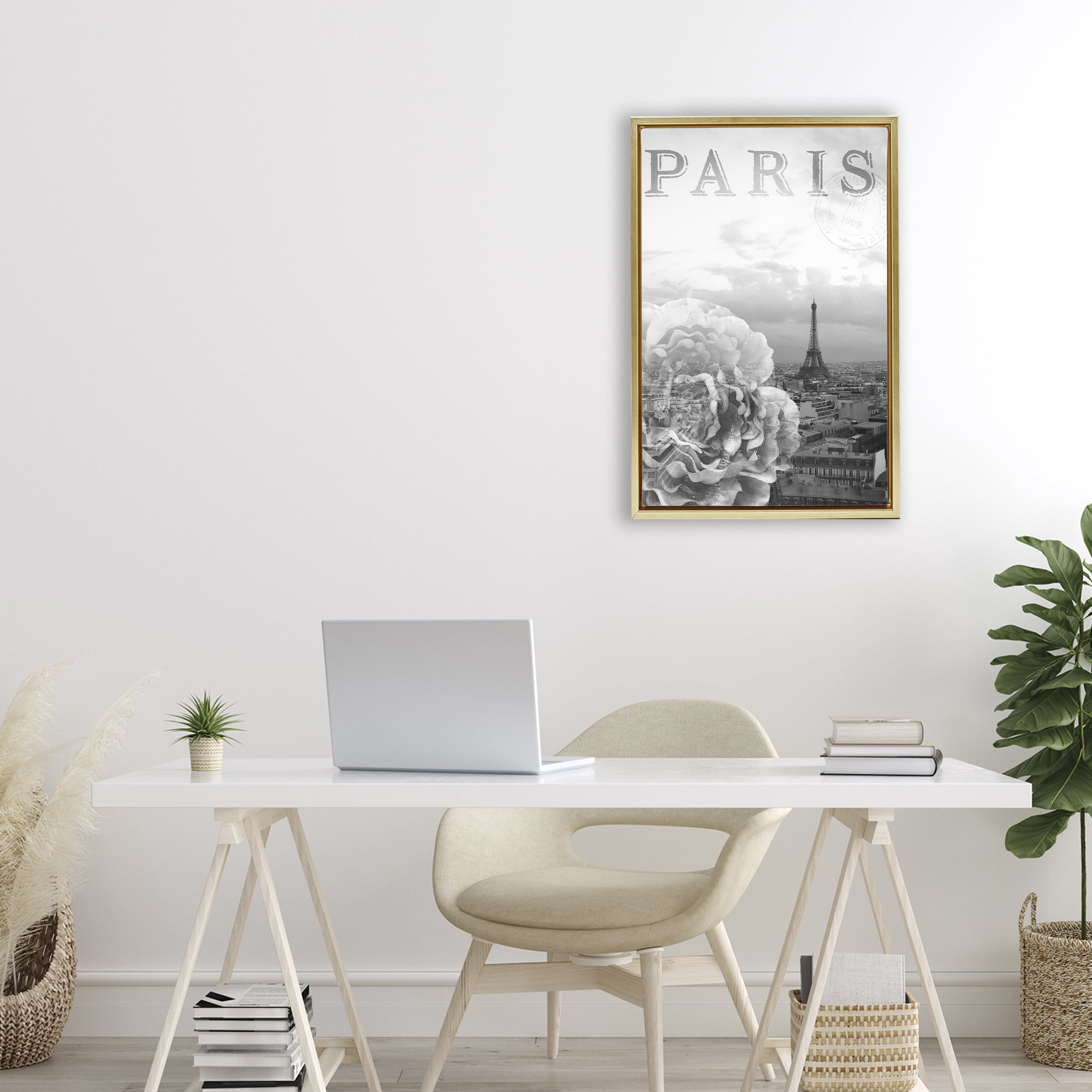 Stupell Industries Paris Postcard in Monochrome Gold Framed Floater Canvas Wall Art, design by Emily Navas