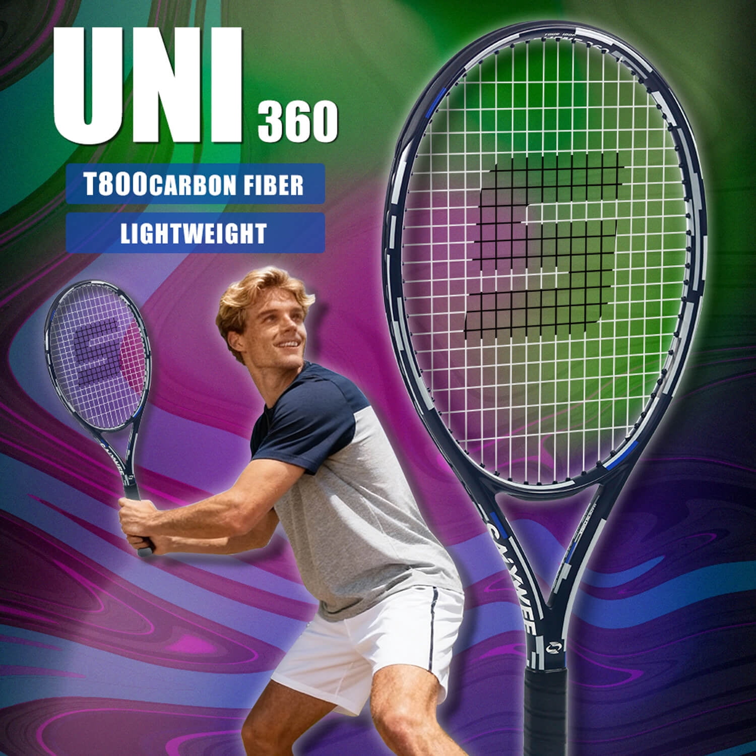SALYWEE UNI360 Power Tennis Racquet, T800 Full Carbon Fiber Adult Recreational Tennis Racket, Lightweight 280g Unstrung, 105 sq.in., 16x19 String Pattern, Professional One-Piece Molding, Men & Women