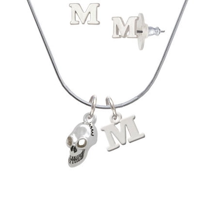 Medium Skull – M Initial Charm Necklace and Stud Earrings Jewelry Set