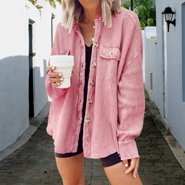 Bolsillos Chaqueta casual Mujer básica Camisas de punto tipo gofre Traje de vacaciones de manga larga