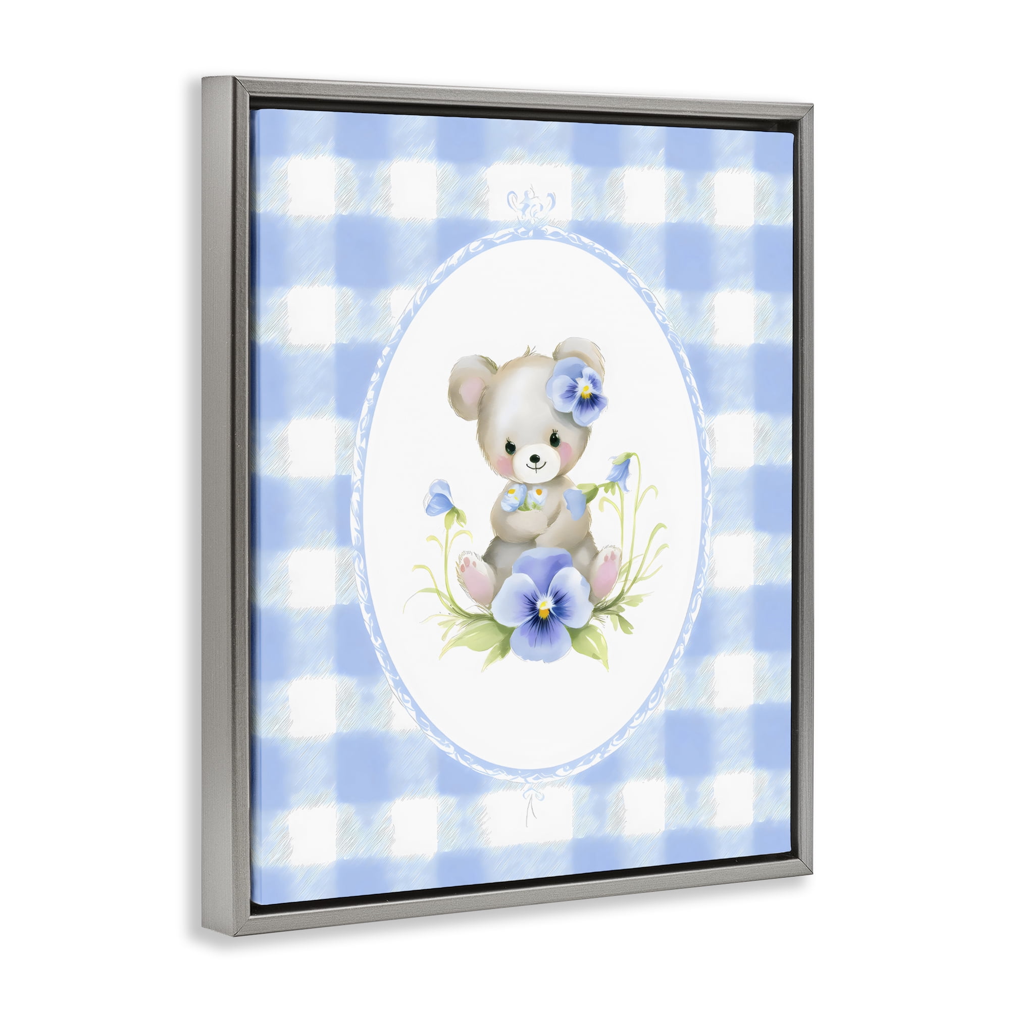 Stupell Industries Little Bear Blue Gingham Gray Framed Floater Canvas Wall Art, design by Arlington Prints