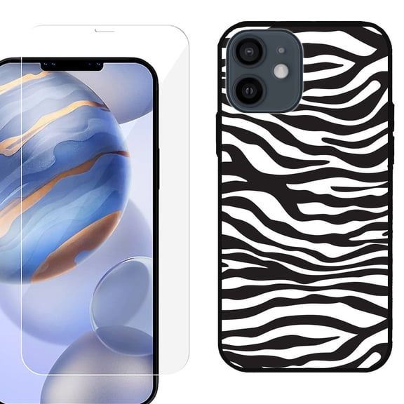 Slim-Fit Protective Phone Case (Black) compatible with iPhone 12 / iPhone 12 Pro, with Tempered Glass Screen Protector, by OneToughShield ® - Zebra B/W