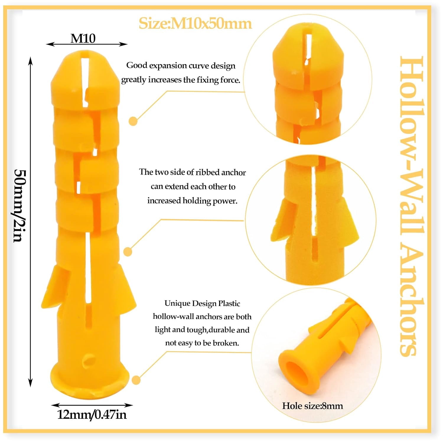 100pcs Drywall Anchors,Self Drilling Anchors Plastic Hollow Wall Anchors Plugs(M10x50mm)