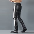 thumbnail image 5 of Men's Full-Length Motorcycle Biker Pants Stretchy PU Faux Leather with Color-Block Patchwork Cone-Shaped Slim Fit Outdoor Casual Trousers, 5 of 7