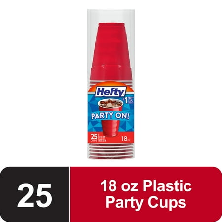 Hefty Party On Disposable Plastic Party Cups, Red, 18 oz., 25 Count