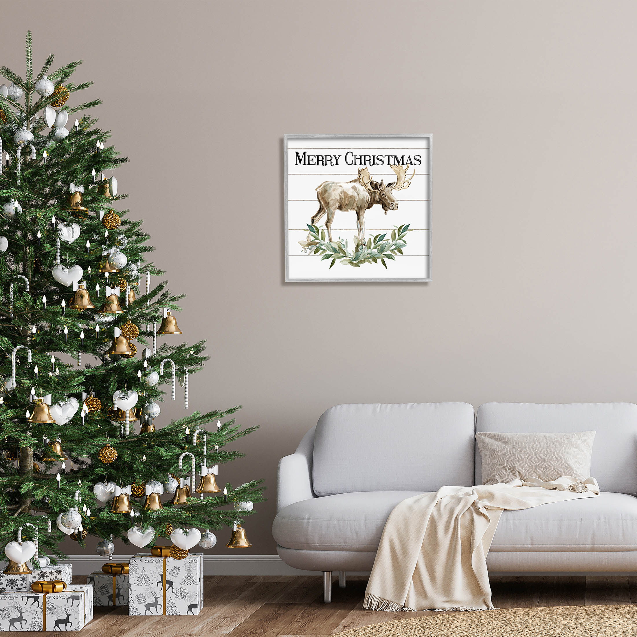 Stupell Industries Merry Christmas Moose Laurel Graphic Art Gray Framed Art Print Wall Art, Design by Carol Robinson