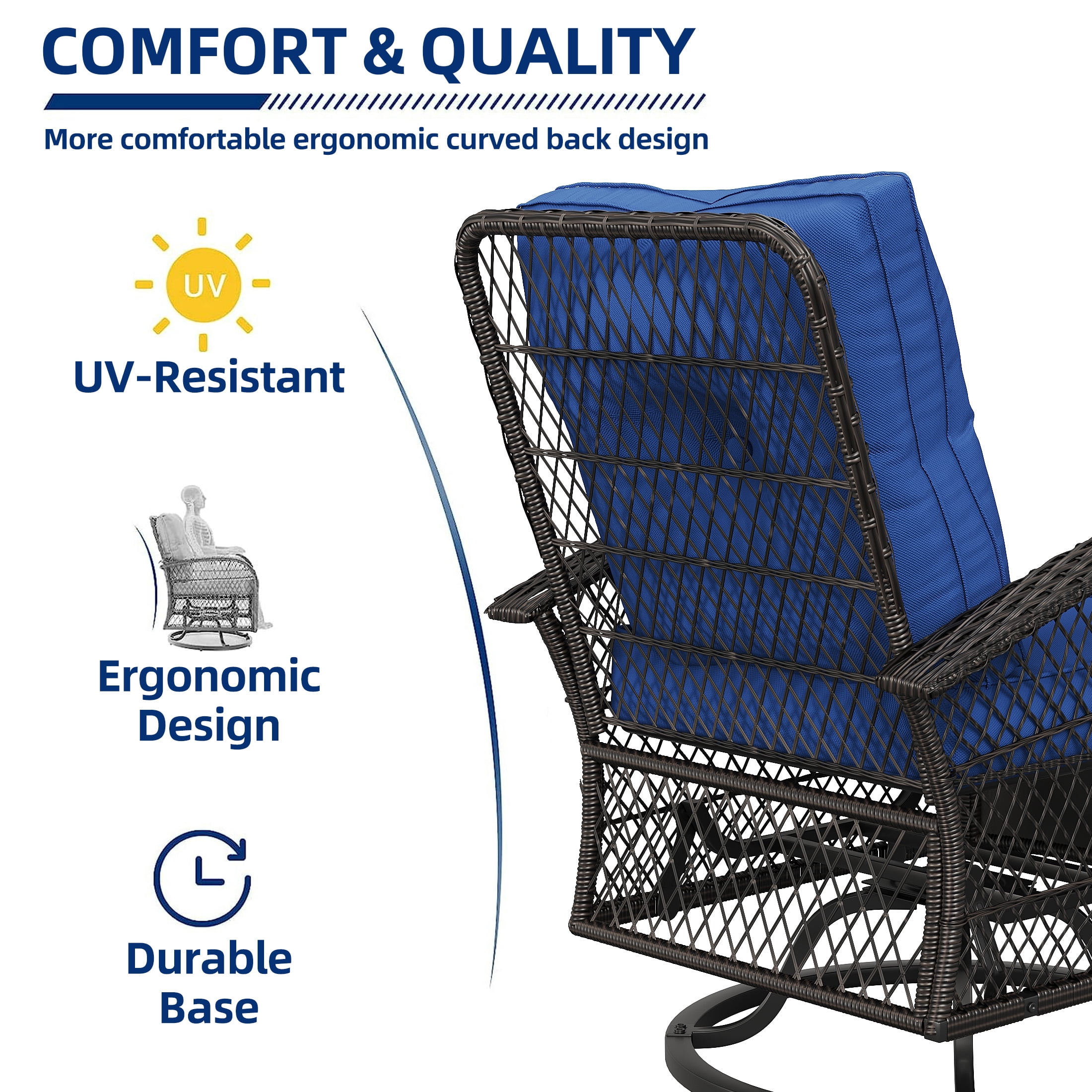 Techmilly 3 Pieces Patio Furniture Set, Outdoor Swivel Gliders Rocker, Wicker Patio Bistro Set with Rattan Rocking Chair for Porch Deck Backya (Navy Blue)