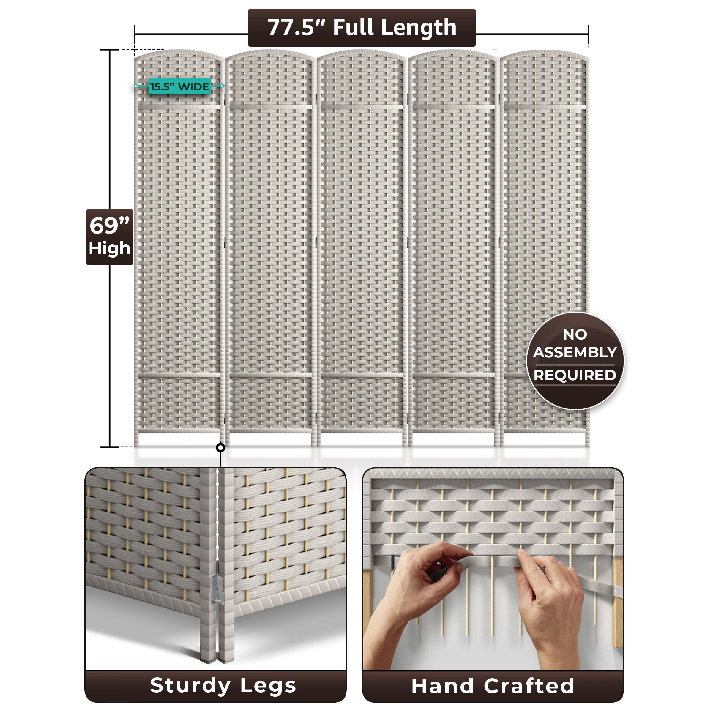 Sorbus 5-Panel Wide Folding Room Divider Privacy Screen, Hand-Woven Beige Mesh