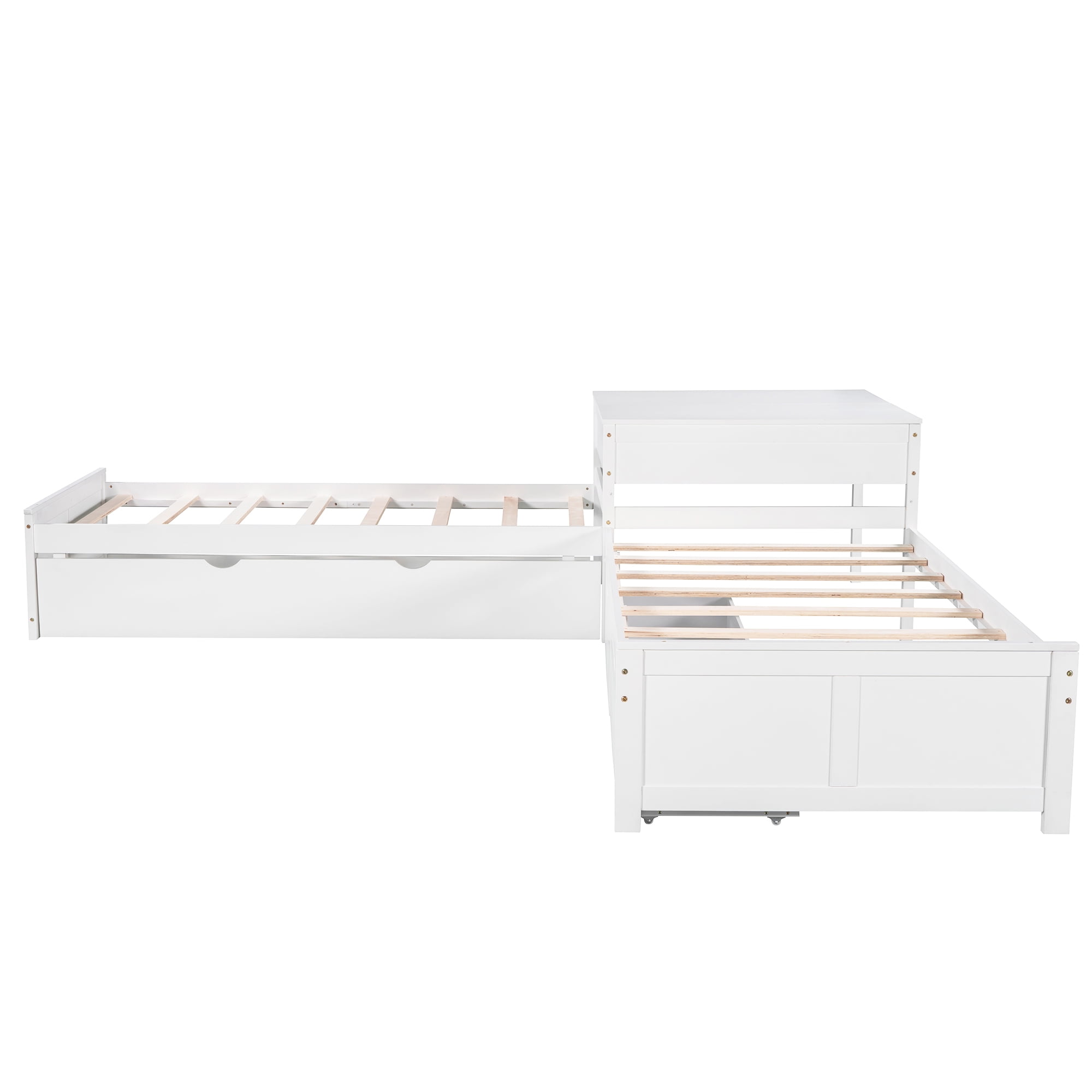 Euroco Wood  Kids Twin Size L-Shaped Platform Beds with Square Storage Table & Trundle, White