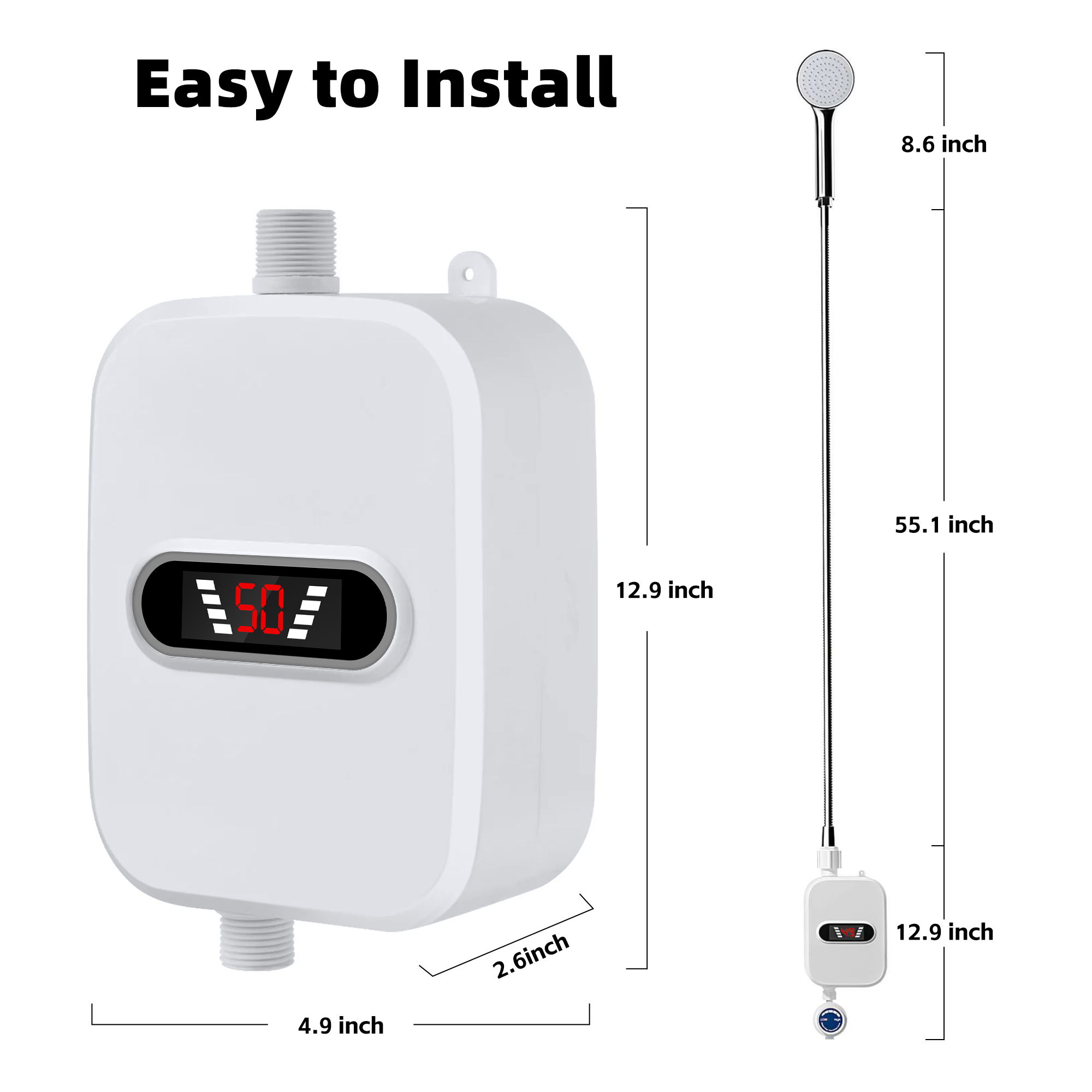 IHRAT Electric Tankless Water Heater with Shower Head Set, 3500W Instant Hot Water Heater with LCD Display for Home Bathroom - White