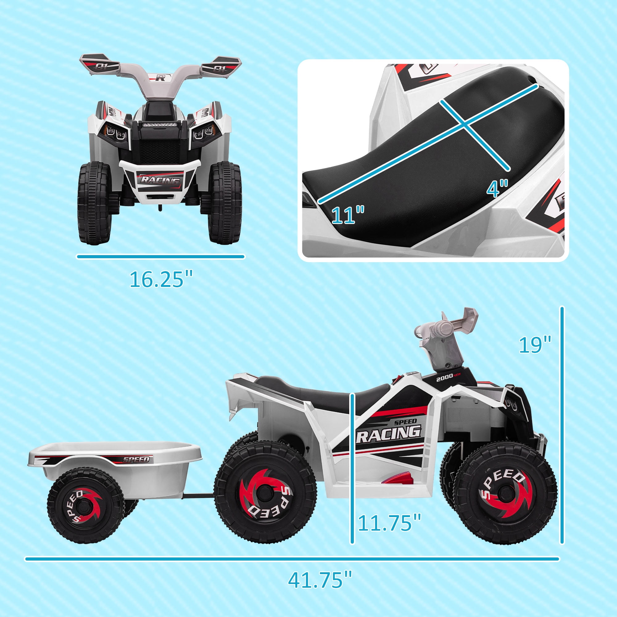 Aosom Kids ATV Quad Car with Back Trailer, White