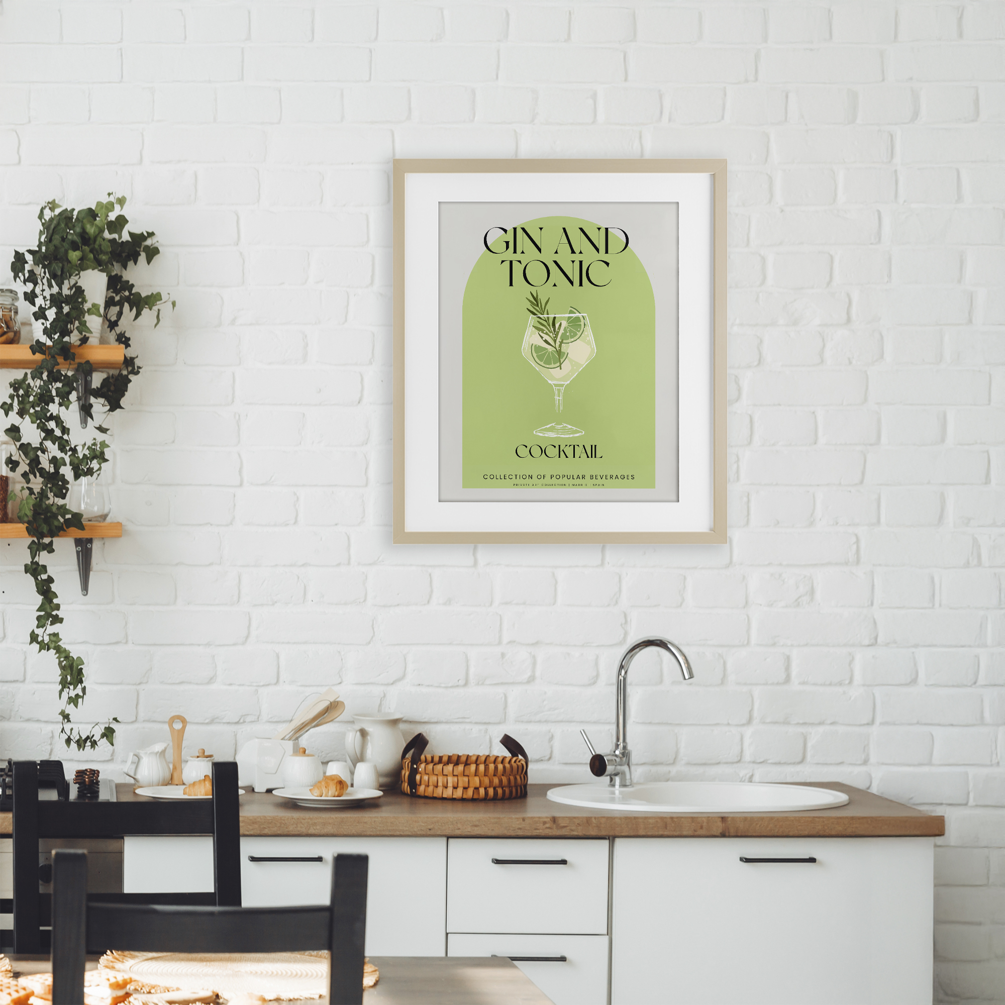 Stylish Retro Gin & Tonic Birch Framed Print Under Glass, design by Lil' Rue