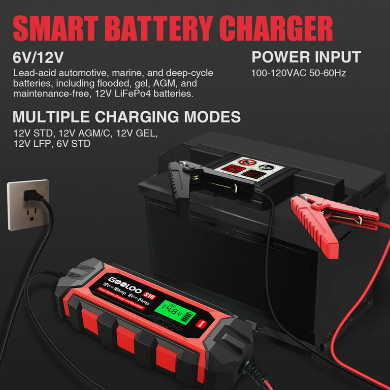 GOOLOO 10A Automotive Battery Charger and Maintainer,10-Amp 6V and 12V  Fully Battery Trickle Charger,Automatic Portable Desulfator for Lead-Acid  Batteries 