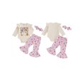 thumbnail image 2 of Baby Toddler Girl Halloween Outfits 0 3 6 12 18 Months Letter Print Long Sleeve Romper with Pumpkin/Ghost Pattern Flare Pants and Headband, 2 of 9