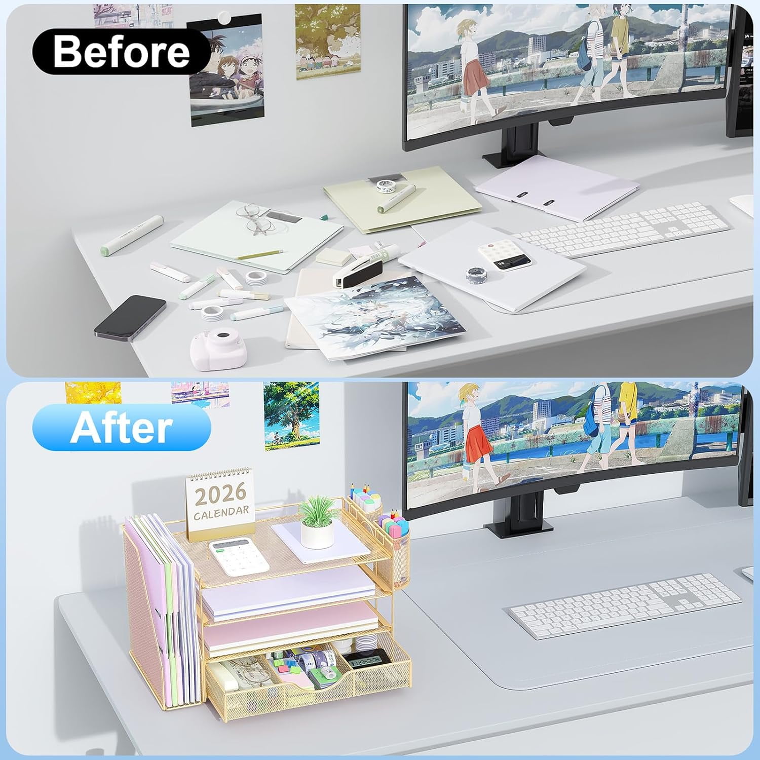 Desk Organizers and Accessories with File Holder, 4-Tier Desk Accessories & Workspace Organizers with Drawer and 2 Pen Holders, Paper Organizer for Office Supplies (Gold), gianotter