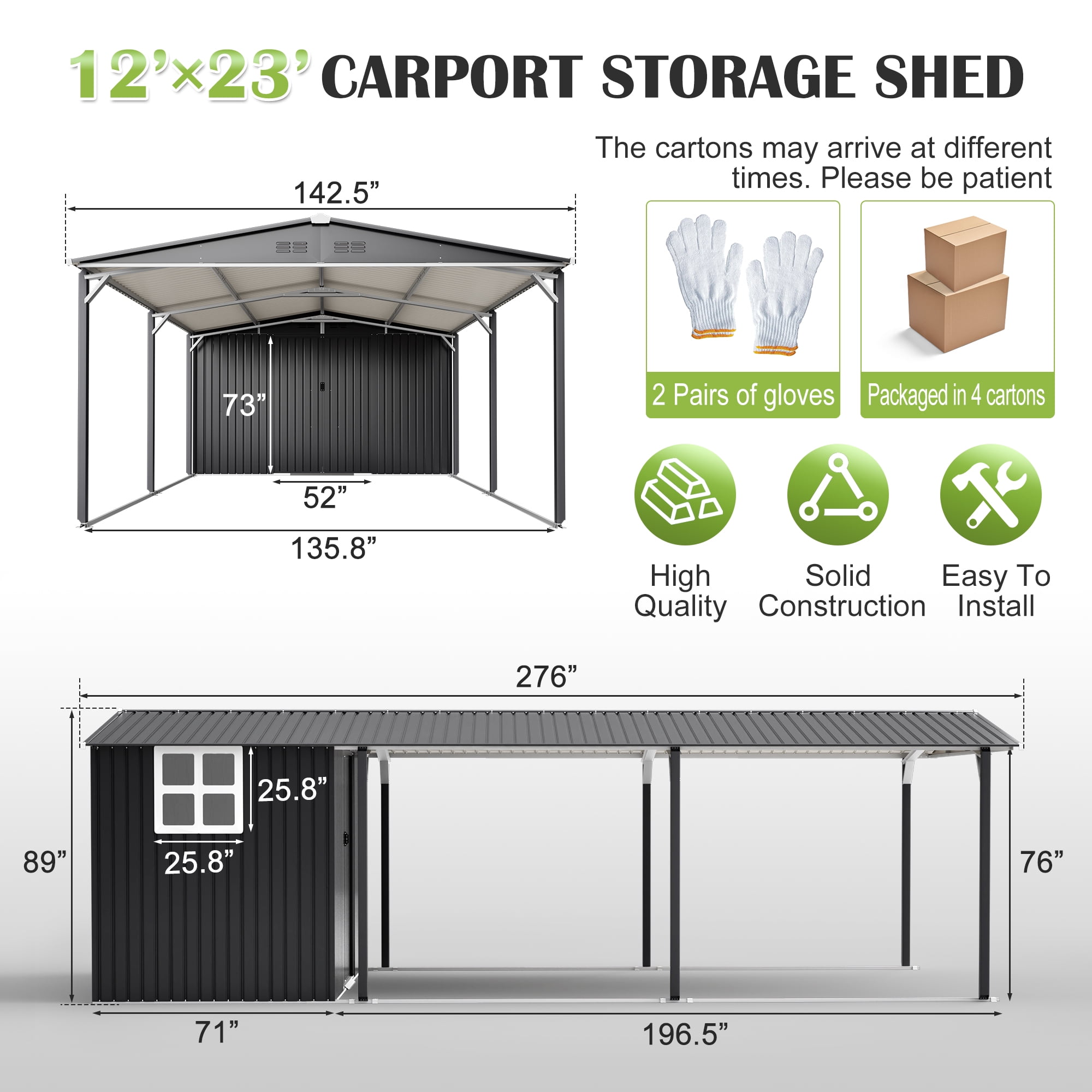 RocVanc 12' x 23' Heavy Duty Metal Carport & Outdoor Storage Shed, 2-in-1 Combo Garage with Sliding Door, Window and Air Vents, Gray