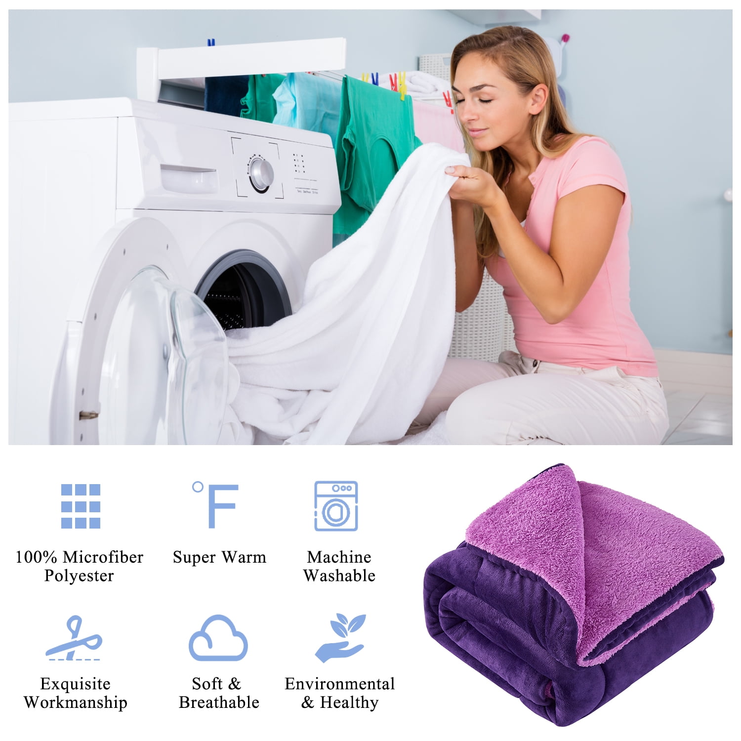 JML Sherpa Fleece Bed Blankets, Purple Thick Warm Borrego King Blanket for Bed, 79"x91"