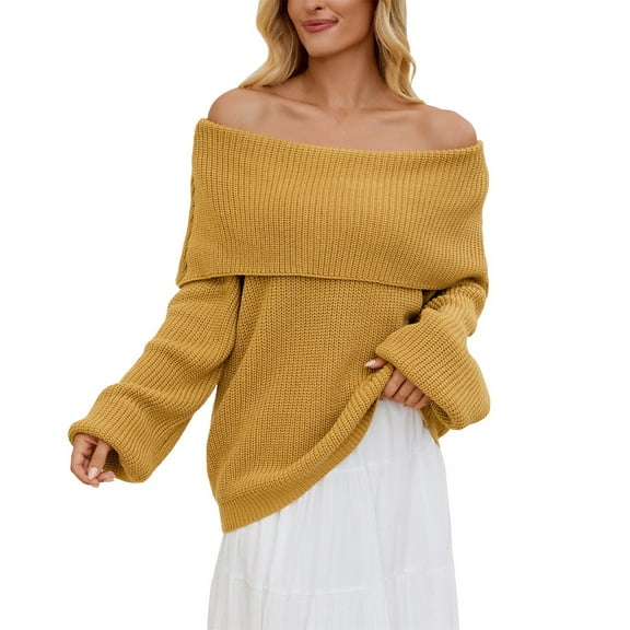 Holzkary Off The Shoulder Sweater Long Sleeve 2025 New Loose Knitted Sweater for Women One Neck Sweater Oversized Ribbed Knit Fall Pullover Tops Winter Going Out Outfits A L