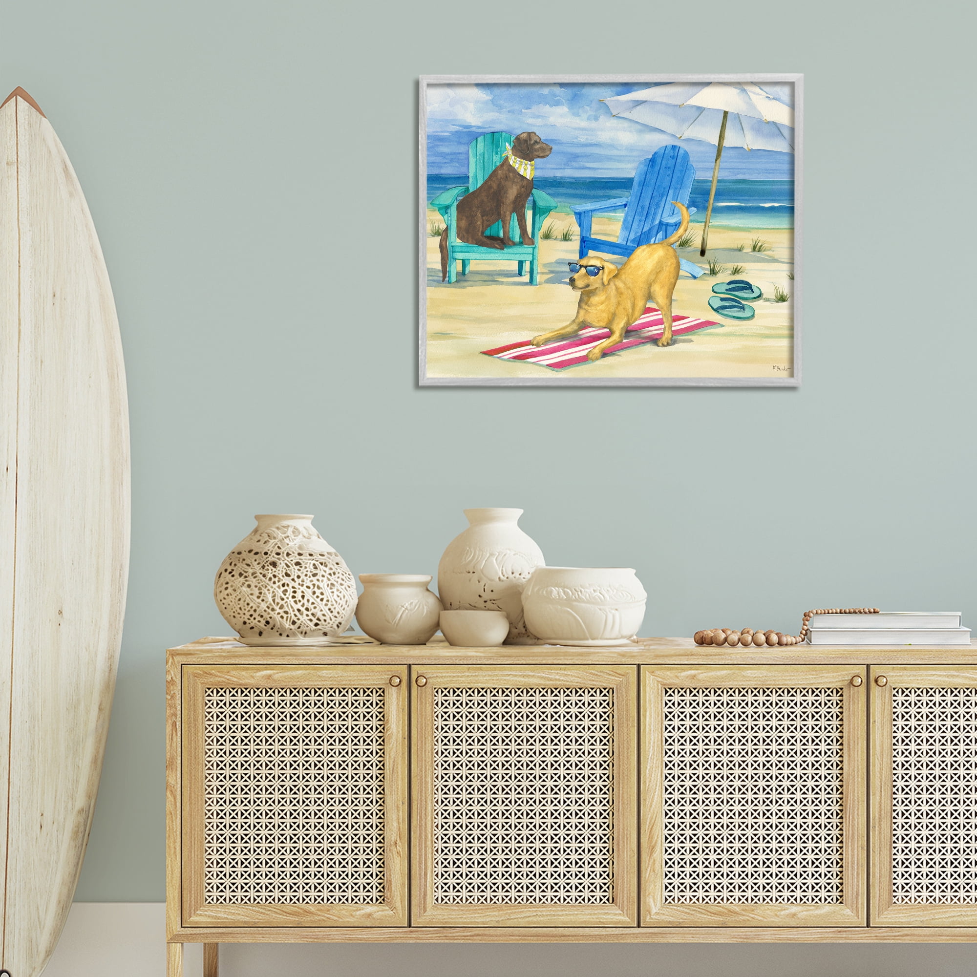 Stupell Industries Dogs on Beach Towel Animals & Insects Painting Gray Framed Art Print Wall Art, 30 x 24