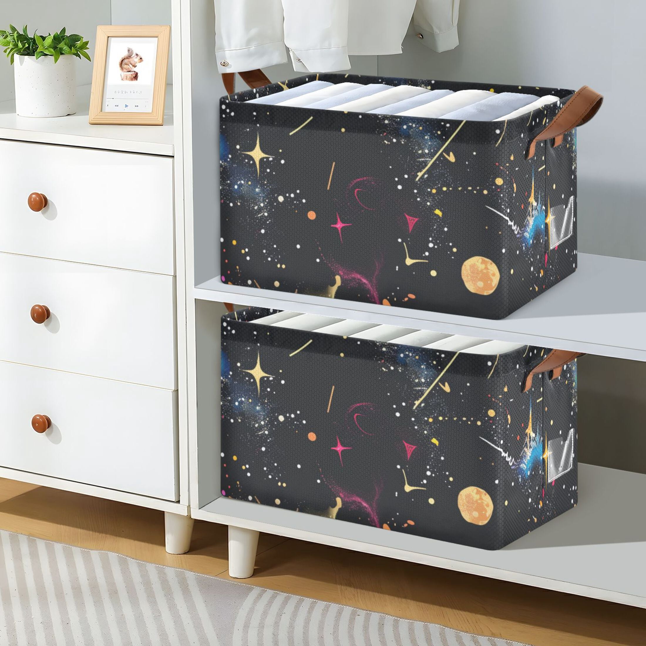 Ryvnso Glittering Galaxy Black Storage Bins Large Basket Foldable Cube Toys Organizer with Handles 2 PCs