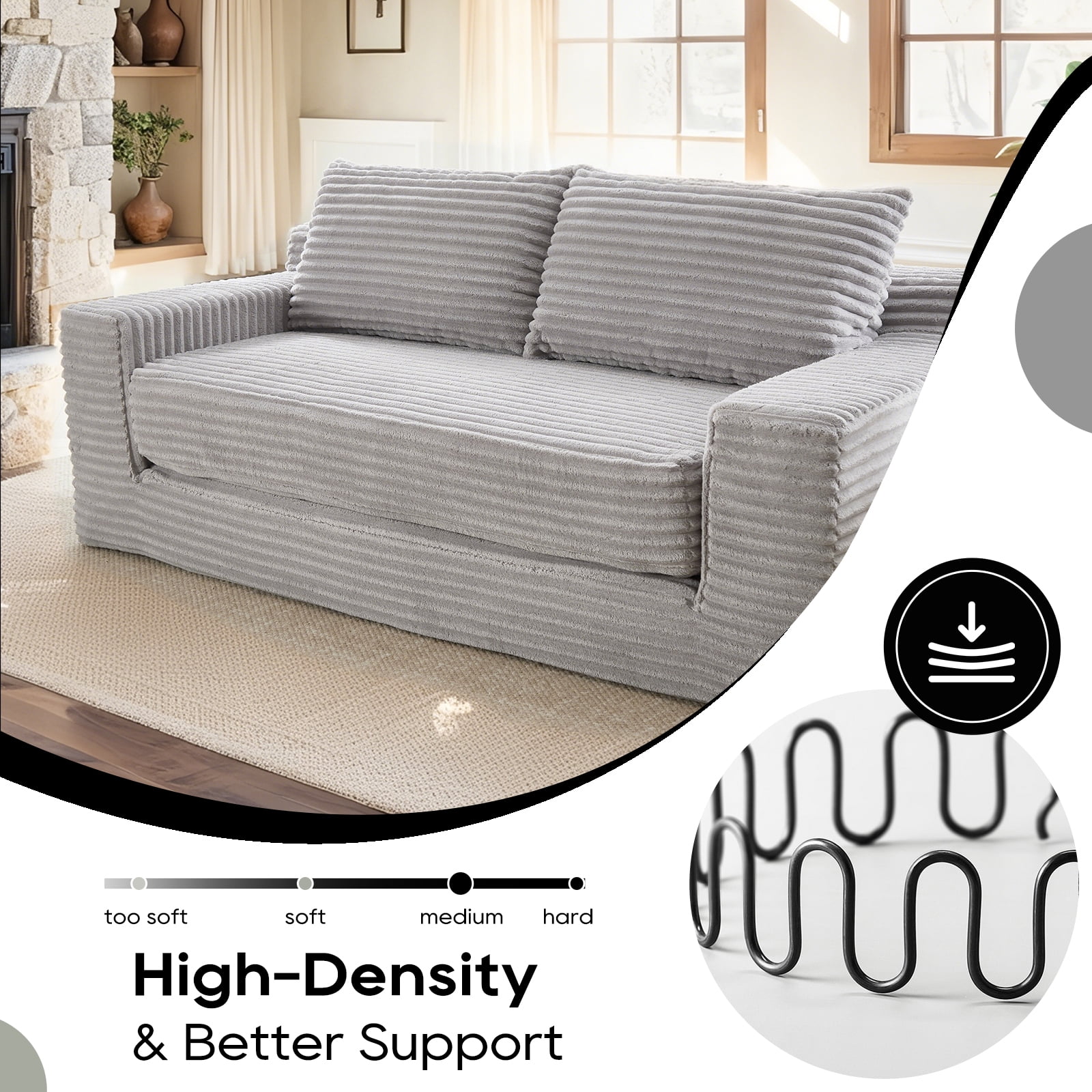 Leumius Convertible Loveseat Compression Sofa for Living Room,Corduroy 2 Seater Couch Memory Foam Sofa for Small Spaces,Apartments,Office,Grey