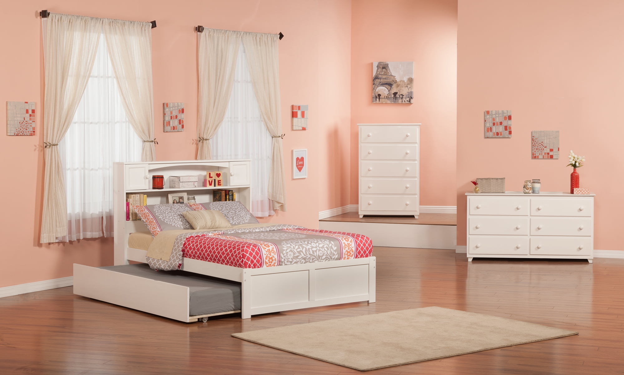 AFI Newport Full Solid Wood Platform Bed with Footboard & Full Trundle, White