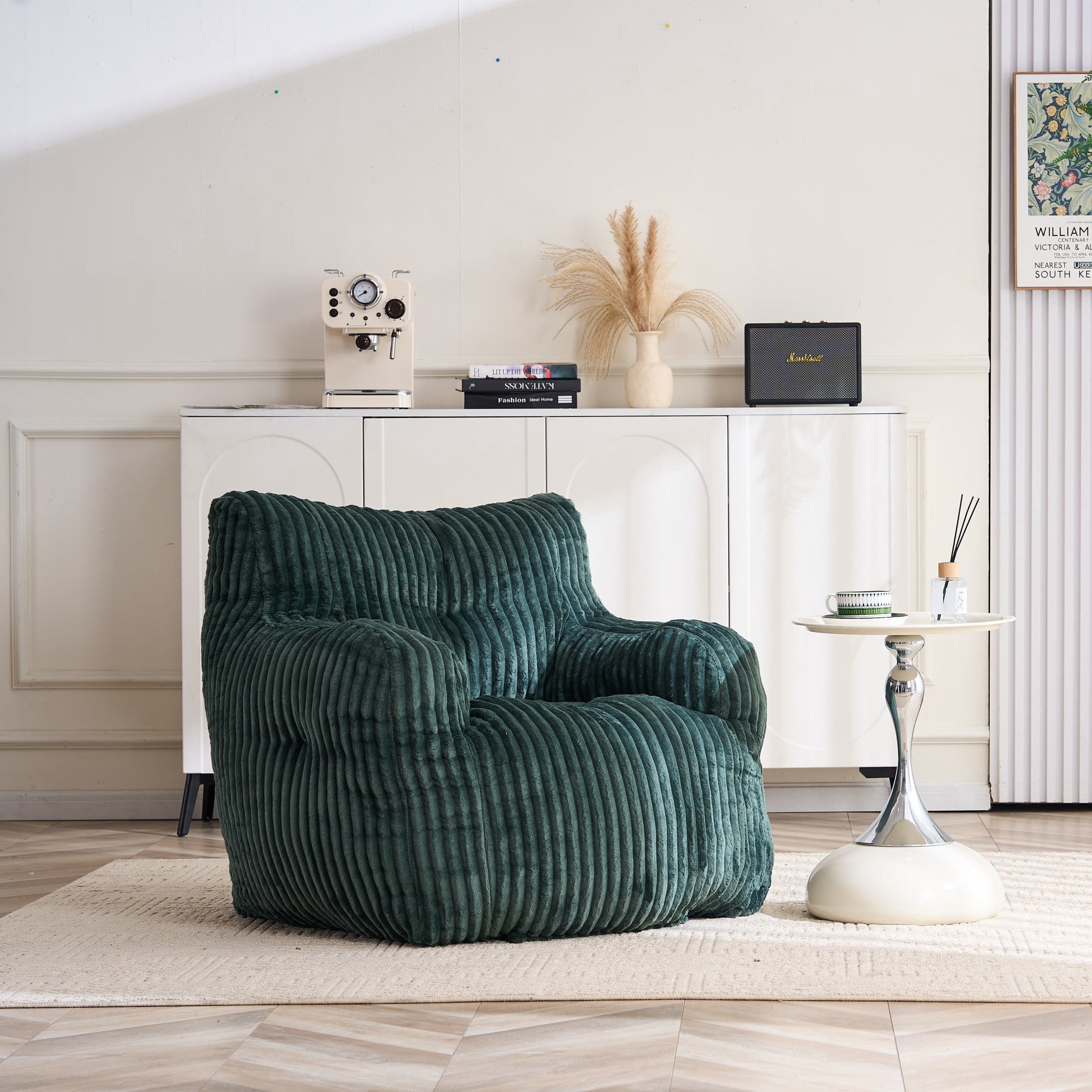 Noble House Solley 39" Fluffy Corduroy Bean Bag Chair, Memory Sponge Floor Lounger Accent Seat for Living Room, Green