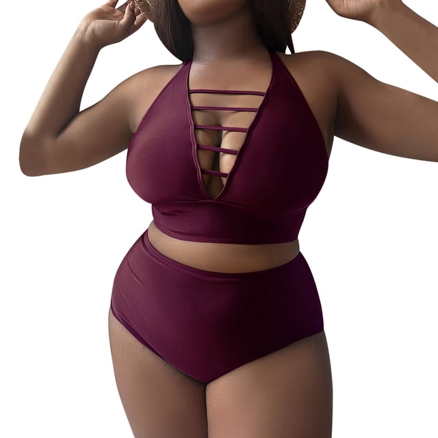 Plus Size Swimsuit for Women Solid Hollow Shoulder Strap Adjustable Backless Bikini Large Plus Size Tankini Swimwear Red