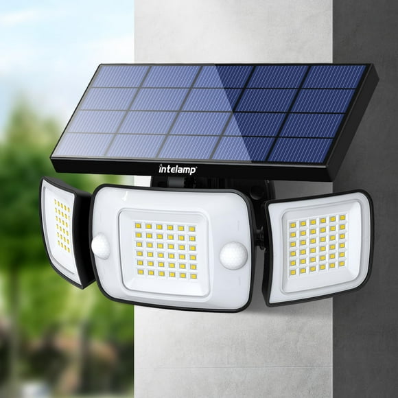 Intelamp Solar Motion Sensor Lights Outdoor, 3-Head LED Security Flood Light, 6000mAh 1200LM Dual PIR, IP65 Waterproof,