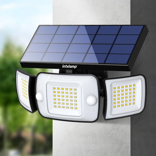 Intelamp Solar Motion Sensor Lights Outdoor, 3-Head LED Security Flood Light, 6000mAh 1200LM Dual PIR, IP65 Waterproof,