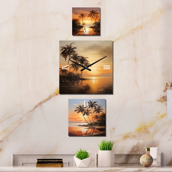 Designart "Sunset Bronze Beach Getaway with Tropical Palms" Palms & Palm Trees & Palm Trees Oversized Wall Clock - Set Of 3 - Extra large Clock For Office Décor - Large Traditional Wall Clock