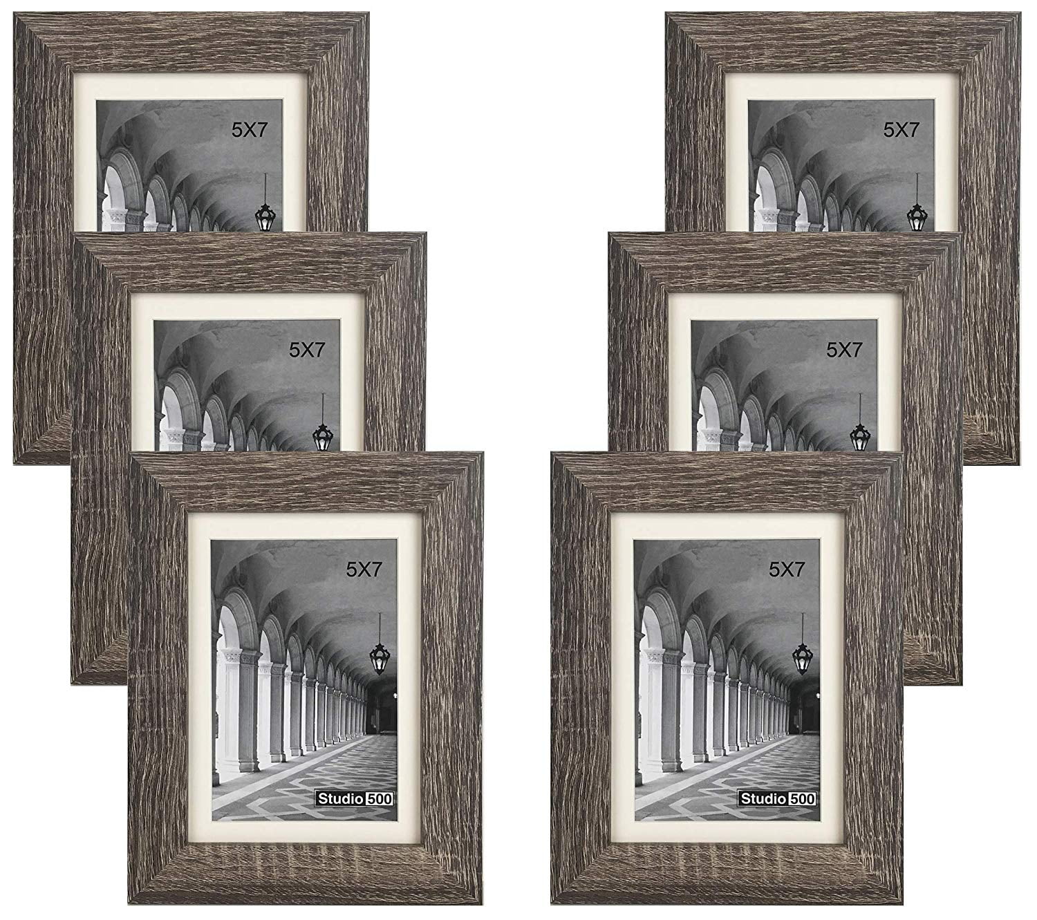 6pcs Studio 500~Grey Distressed Picture Frames w/Double Off-White Mats MDF2915 