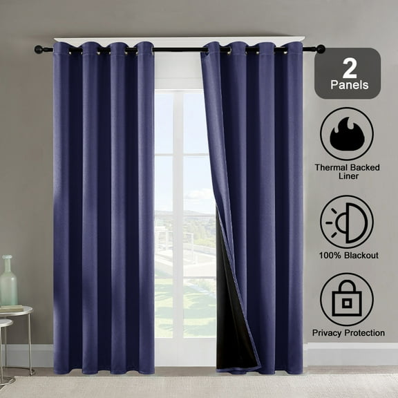 Dark Blue Rod Pocket Thermal Insulated with Coated Lining 52 in. W x 84 in. L Indoor Blackout Curtains (Set of 2)