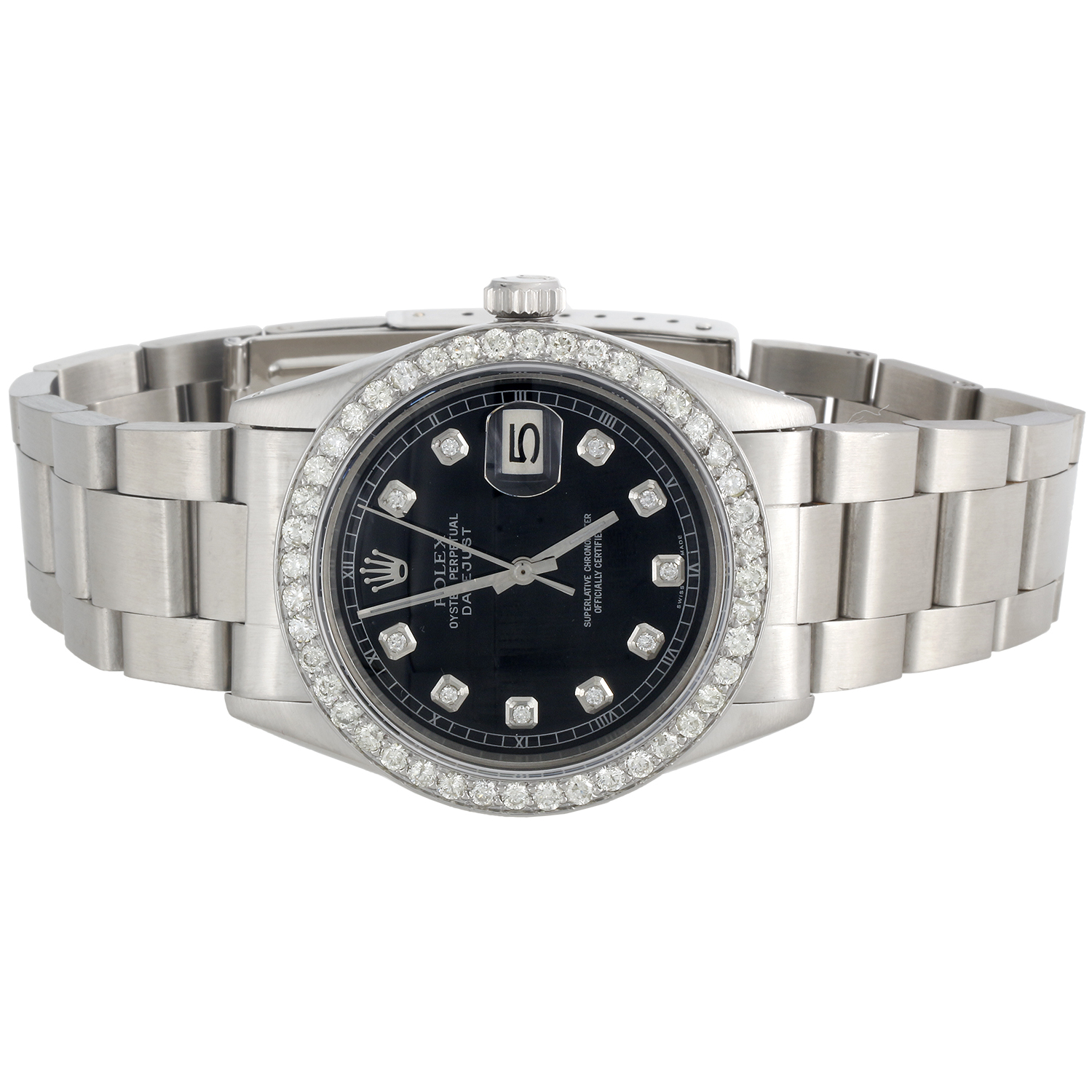 Mens Rolex 36mm DateJust Diamond Watch Oyster Steel Band Custom Black Dial 2 CT. - PreOwned - image 3 of 10