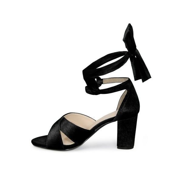 BLISSFUL STEP Women's Shoes Velvet Chunky Heel Crisscross Lace Up Open Toe Sandals  Black 6