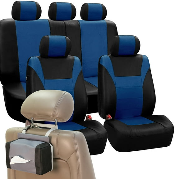 FH Group PU Leather Racing Car Seat Covers for Auto, Airbag Compatible Split Bench Full Set with Tissue Dispenser, Blue