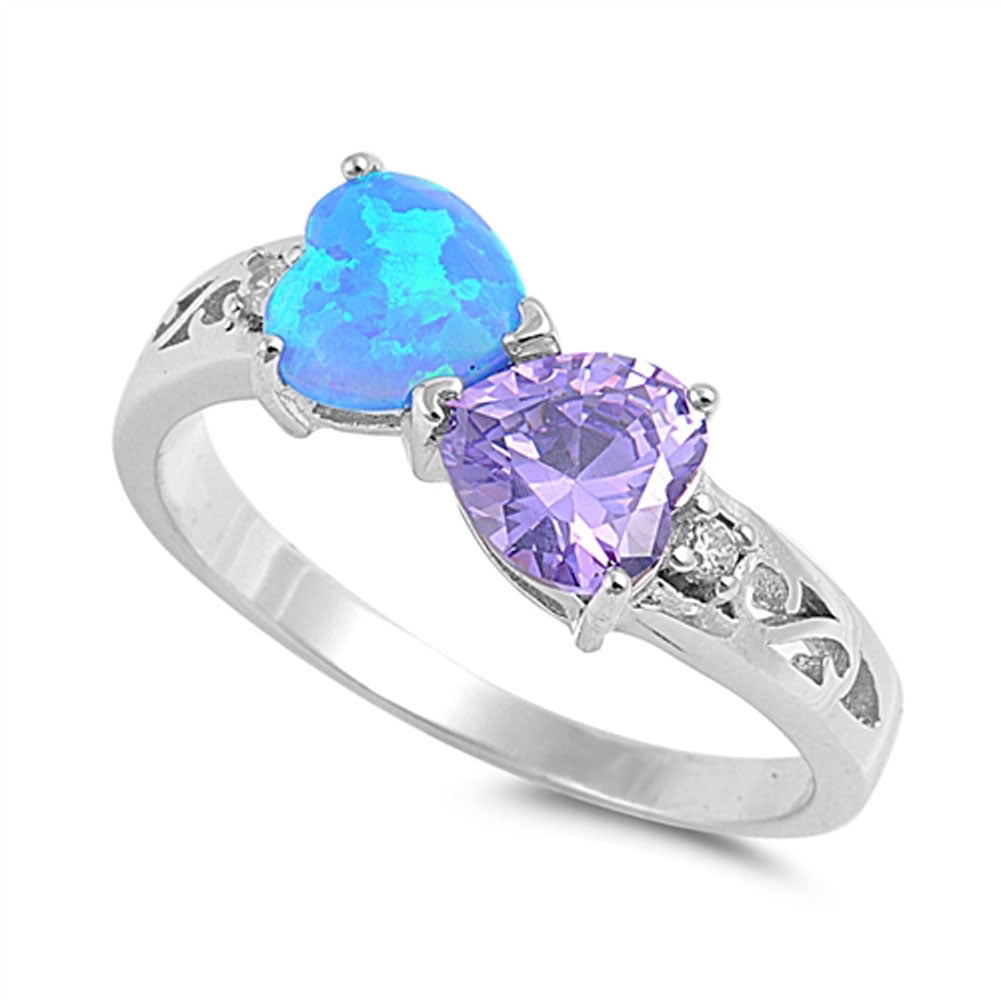 CHOOSE YOUR COLOR Heart Simulated Amethyst Blue Simulated Opal Promise Ring .925 Sterling Silver Purple CZ Female Size 7
