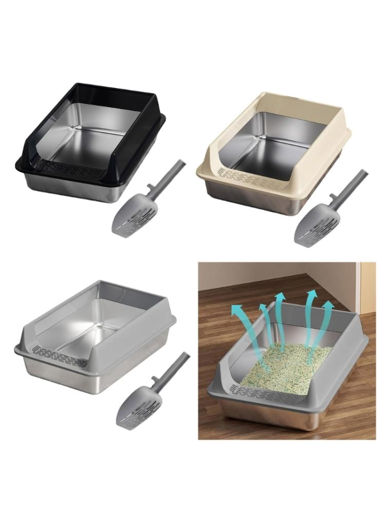 Yiran Medium Size Stainless Steel Semi Enclosed Cat Litter Box, Khaki