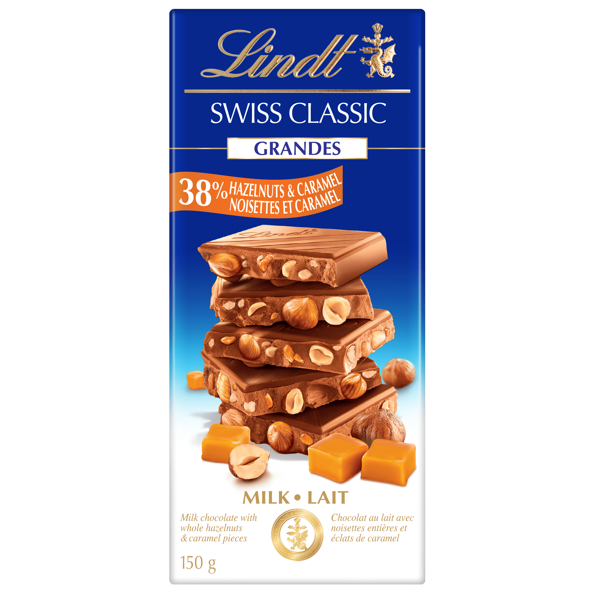 Chocolat au lait avec noisettes et caramel Lindt SWISS CLASSIC Grandes – Barre (150 g)